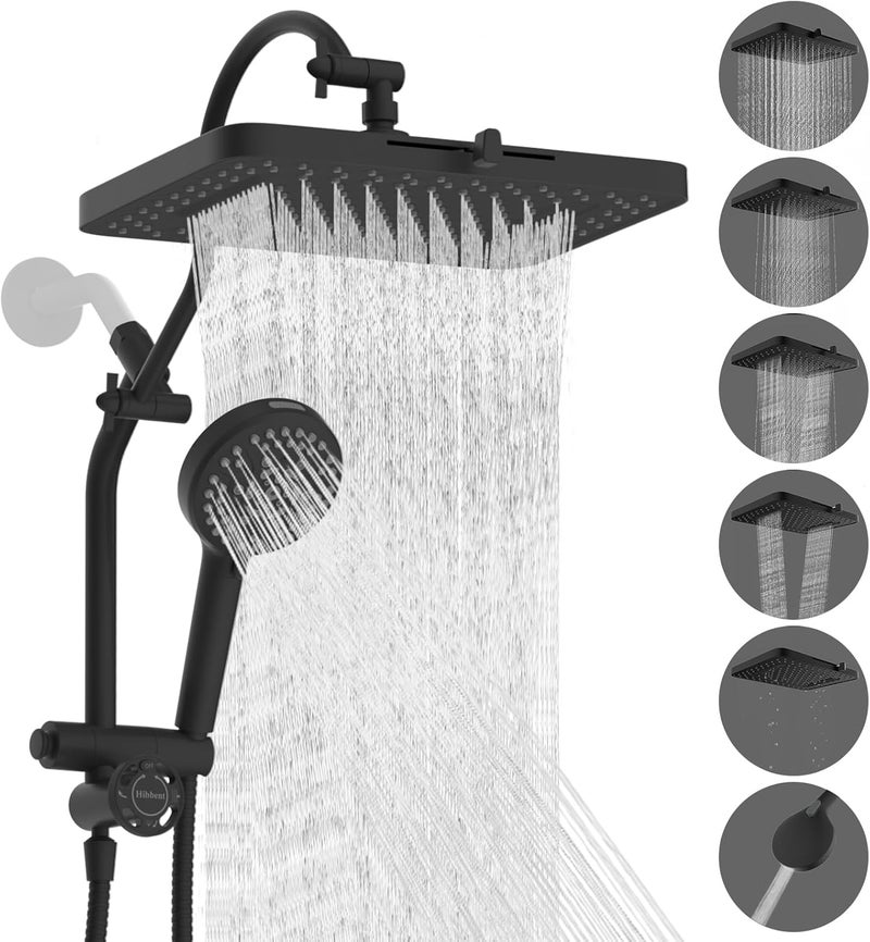 Hibbent cUPC Certified 13'' Shower Head Combo, High Pressure 5 Spray Rainfall Showerhead, 10 Spray Mode Handheld, All Metal Easy Reach 4-way Diverter Arm with Pause Mode, 71'' Hose and Holder, Black - Image 1